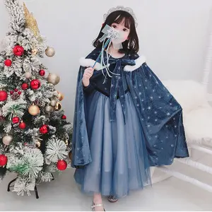 Set pakaian anak perempuan, gaun musim semi motif kepingan salju biru + jubah balita kostum putri Hollywood dua potong