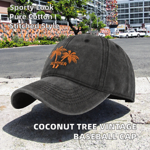 Gorra de béisbol bordada con Árbol de coco vintage, gorra de camionero desgastada lavada deportiva de 5 paneles con bordado a mano - Product Image 3