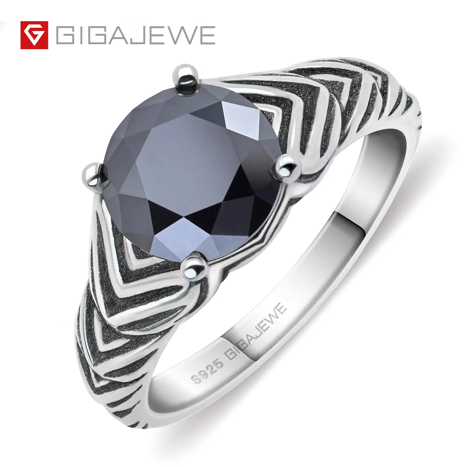 GIGAJEWE 2.0ct 8.0mm Runds chliff schwarz weiß Farbe Moissan ite 18 Karat Weißgold plattiert 925 Silber Moissan ite Ring