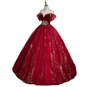 Burgundy Ball Gown Off The Shoulder Sweetheart Neckline Sequins Vintage Wedding Dress Women's Evening Gown Claret Color - Product Image 5