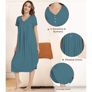 Chemise de nuit plissée en viscose de bambou tissée pour femme, à manches courtes, respirante, décontractée, pour la nuit - Product Image 4