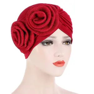New Style European And American Two Big Flower Applique Indian Hat Multicolor Muslim Fashion Baotou Hat Turban Hat Hijabs