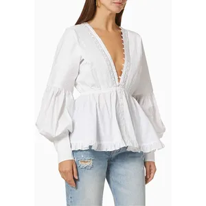 Изготовленный на заказ белый v образным вырезом оборками короткий женский топ офисные рубашки с буфами на рукавах; Летняя Повседневная блузка из органического хлопка для женщин