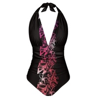 Maillot de bain une pièce pour femme, grande taille, à nouer au cou, imprimé tropical doré, décolleté plongeant en V, effet ventre plat, coupe haute, avec logo frontal, pour piscine et plage