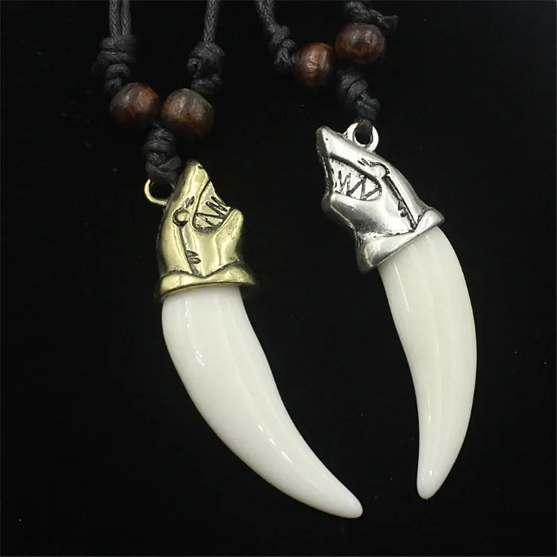 2024 Vintage Shark Tooth Necklace Alloy Acrylic Wood Bead Necklace Fashion Wax Rope Leather Necklace Jewelry for Boys Men