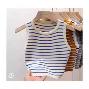 Gilet d'été pour femme I-0419, col rond, sans manches, rayé, uni, fin, tricoté, décontracté, quotidien, polyvalent - Product Image 6