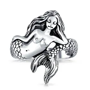 仿古镀银美人鱼戒指仙女海妖美人鱼戒指女女孩珠宝礼品