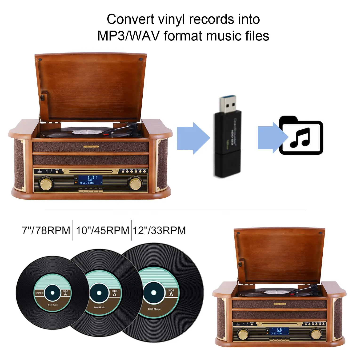 Factory Direct Commercial AM/FM Three-speed Audio Equipment Turntable Record Player