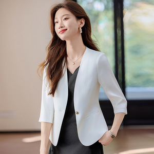 Women's Mid Sleeve Blazer Lightweight Summer Solid Color Viscose Fiber Breathable Work Wear - Product Image 1