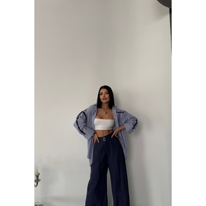 Pantalones Casuales Holgados para Mujer en Azul Marino con Detalle de Abertura Frontal y Cinturón, Pantalones Transpirables a la Moda - Product Image 3