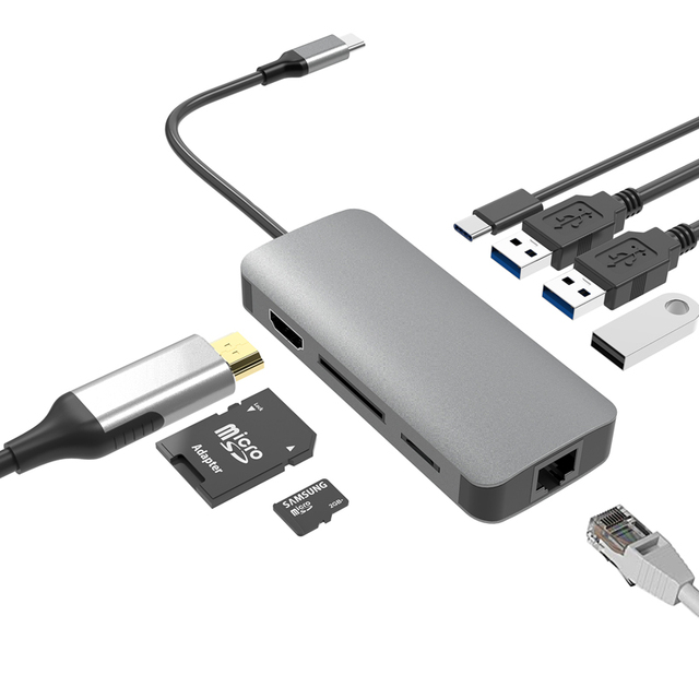 USB Type C Docking 8 in 1 Alloy USB-C to 4K HDMI SD TF Card Reader Gigabit RJ45 Ethernet OTG Data USB3.1 Hub