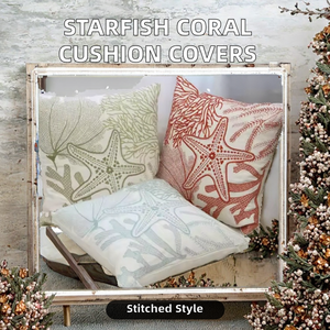 HY Ventes chaudes en gros, <span class=keywords><strong>housse</strong></span> <span class=keywords><strong>de</strong></span> coussin en toile <span class=keywords><strong>de</strong></span> polyester brodée <span class=keywords><strong>de</strong></span> corail et d'étoiles <span class=keywords><strong>de</strong></span> mer, coussin décoratif pour la maison, housses <span class=keywords><strong>de</strong></span> coussin pour canapé - Product Image 2