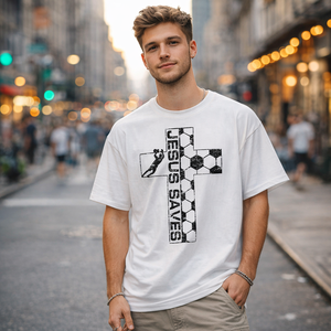T-shirt personnalisé drôle « Jésus sauve le gardien de but », T-shirt graphique <span class=keywords><strong>en</strong></span> coton vieilli coupe oversize, haut décontracté pour supporter chrétien de football pour le jour du match - Product Image 1