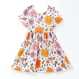 Vestito per Bambine e Ragazze, Autunno Halloween, in Seta di Latte, Casual, Ecologico, Morbido, Elastico, Maniche Corte, Motivo <span class=keywords><strong>Zucca</strong></span> e Floreale - Product Image 1
