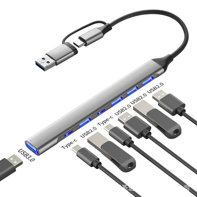 Aluminum 8 in 1 USB C Hub 1xUSB3.0 5xUSB2.0 2xUSBC | for MacBook Pro Air iMac iPad Laptop PC