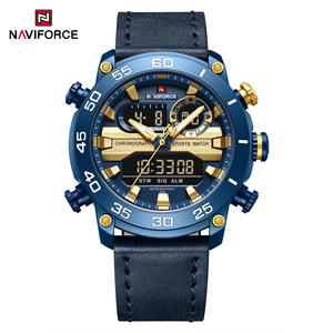 NAVIFORCE 9235 BEBEBE Montre à quartz en cuir véritable bleu d'usine pour hommes, double heure, analogique, sport, étanche, montre-bracelet OEM - Product Image 2