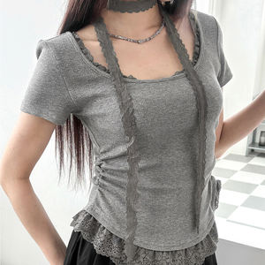 Camiseta de Manga Corta Estilo Coreano, con Encaje, Cuello Redondo, Ajustada, Ecológica, con Cintura Plizada, Versátil e Irregular - Product Image 1