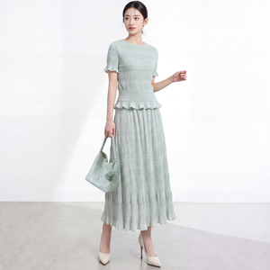 Korean Women's Short Sleeve Pleated Long <b>Dress</b> Set With <b>Ruffles</b> O-Neck Elegant Spring Summer Solid Color Breathable Regular Fit - Product Image 1