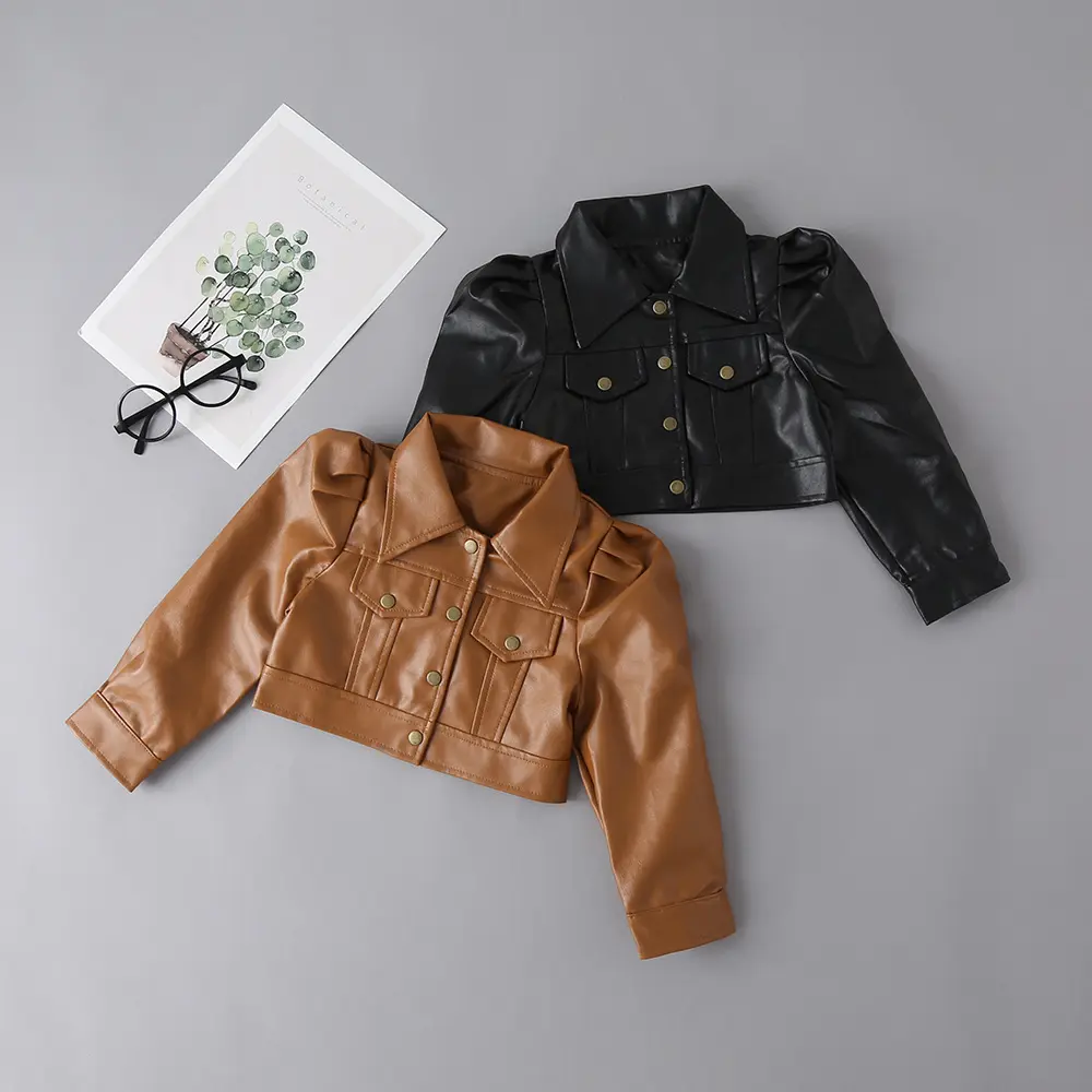 New Fashion Kids Girl Puffed Sleeve Brown Cute Black Short Pu Leather Children's Casual Handsome Motorcycle Wear Jacket