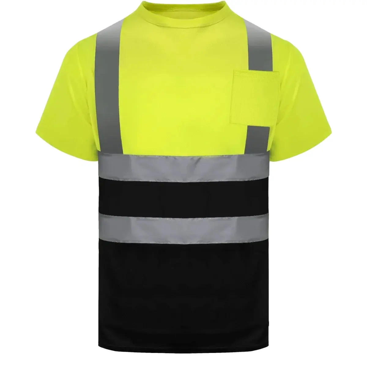 Kaus Kerja Pria, Tinggi Vis Viz Reflektif dengan Bagian Bawah Hitam Uniseks Lengan Pendek Visibilitas Tinggi Jaring Keselamatan Kemeja Cepat Kering