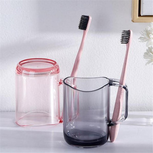 Gobelet à brosse à dents en plastique transparent avec poignée pour salle de bain, tasse portable de forme ronde en PP, couleur rose et marron - Product Image 1