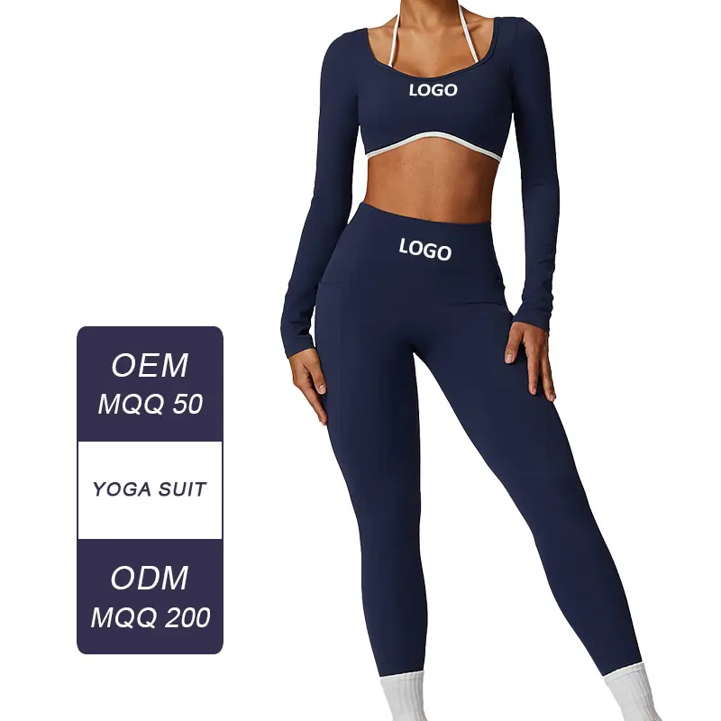 TZ8605 Yoga clothing set hollow back bra long sleeves crop top high waist leggings with side pockets wholesale athletic wear