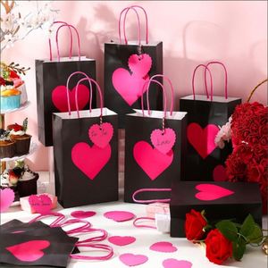Black Paper Gift <b>Bags</b> with Pink Heart Tag, Valentine's Day Handmade Love Paper Tote <b>Bags</b> for Wedding Anniversary Chocolate - Product Image 1