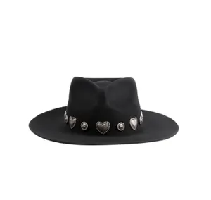 新款时尚高级可调式大帽沿fadora帽子供应100% 羊毛毛毡宽帽檐黑色菲多拉帽子