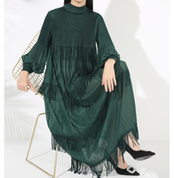 ODM Miyake robe femme pour église ample décontracté vert Maxi robes élégant manches longues plissé gland couleur unie dame Vestido