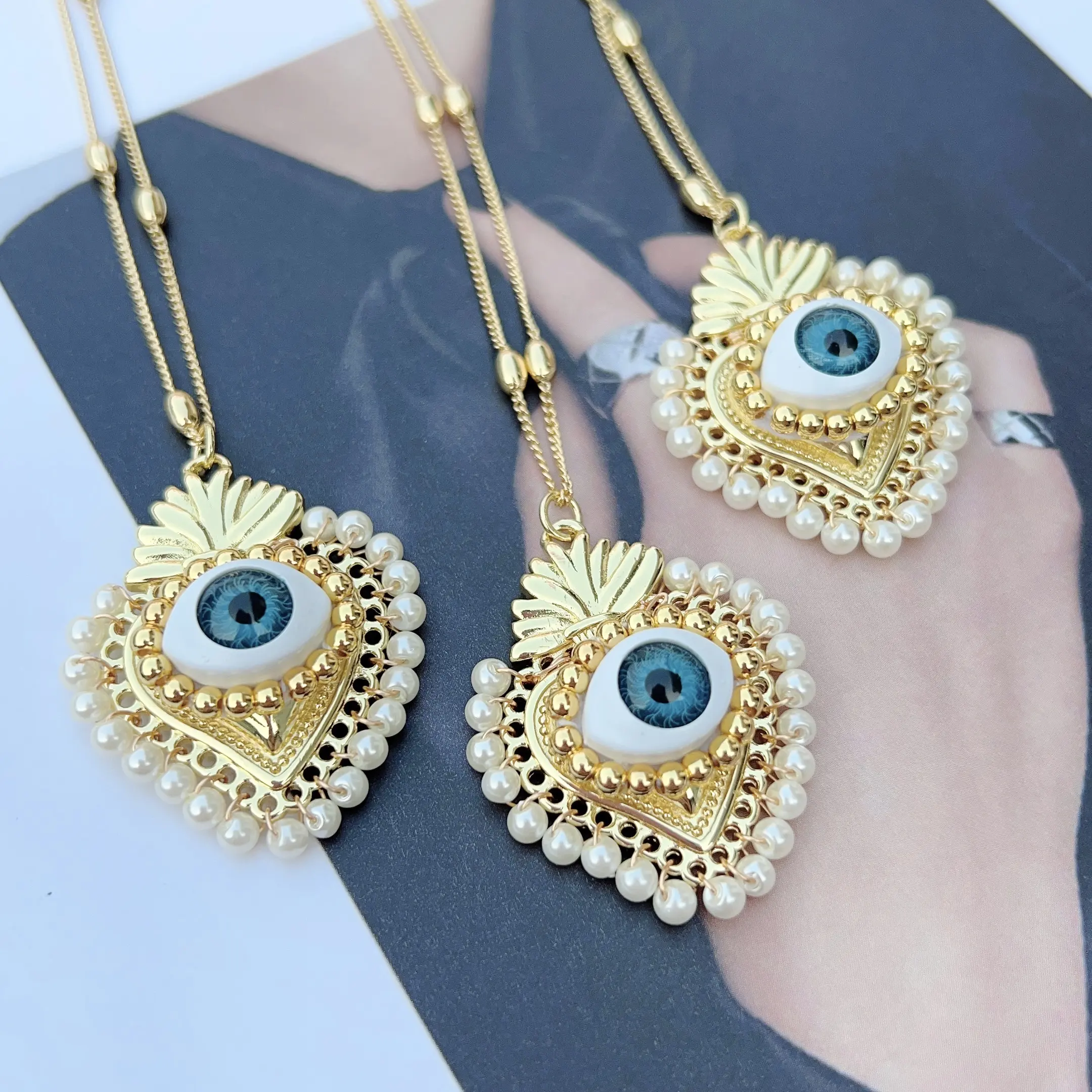 Turkse Eye Hart Vorm Holle Parel Hanger Kettingen Parel Accessoires Voor Het Maken Van Gouden Hart Hanger