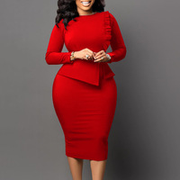Robes d'Été Plissées à Col Rond pour Femme, Robes Crayon Élégantes de Bureau, Robe Midi Décontractée Slim à Manches Longues Irrégulières