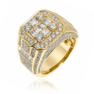 Bague de cocktail de luxe en or jaune avec diamants de laboratoire taille baguette sertis pavé, design géométrique, bijoux de fête pour homme - Product Image 1