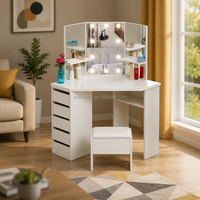 Table de toilette en mélamine avec miroir d'angle, tiroir et éclairage LED