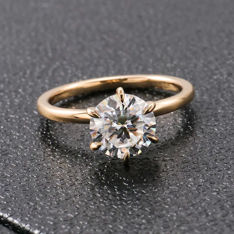 wholesale classical 6 prongs custom 2.0ct round moissanite wedding ring 18ct pure solid gold ring