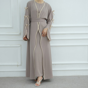 Factory Direct Sales Modest Summer Polyester Bow Open V Neck Long Sleeve <b>Cardigan</b> Solid Inner Muslim Women's Abaya Dresses for - Product Image 2