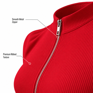 Women Premium Red Ribbed Three Piece Yoga Set with Long Sleeve Zip Jacket V Neck Sports Bra and <b>Cross</b> V High Waist Leggings - Product Image 4