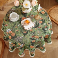 Nappe ronde lavable en jacquard à motif floral et oiseaux de printemps, style campagnard, avec dentelle