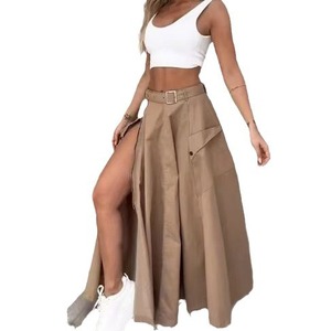 Ensemble deux pièces pour femmes, haut court sans manches et jupe midi à fente haute, couleur unie avec ceinture, tenue décontractée, vert kaki, noir - Product Image 2
