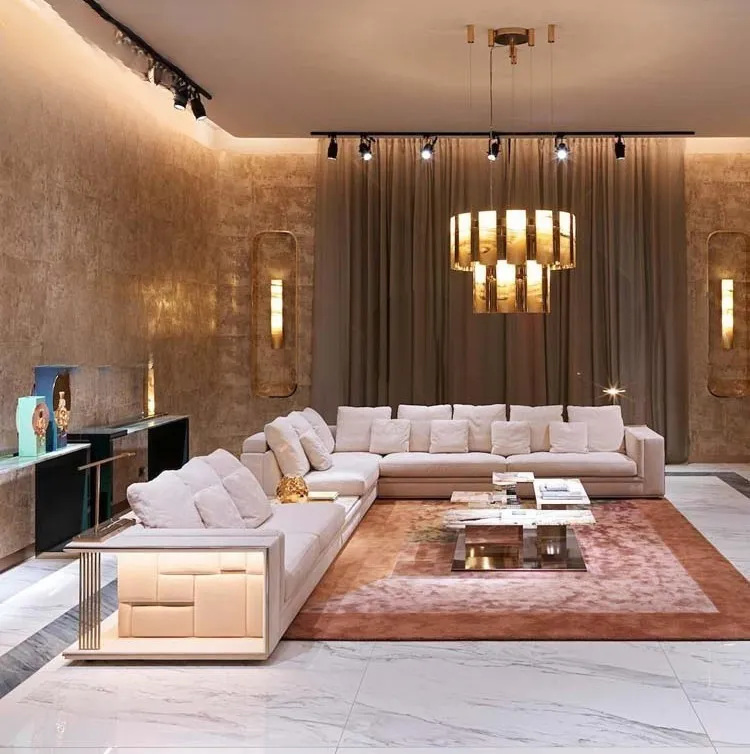 Sala de estar 7 lugares L forma Couro Modular Sofá Set Mobiliário Moderno Luxo Italiano Sofá Modular Com Led Light