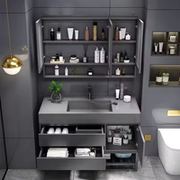 Grande unité de meuble-lavabo de salle de bain autoportante noire polie, style américain unique et intelligent, avec coiffeuse intégrée pour appartement