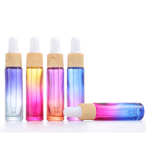 Rainbow 10ml Botella cuentagotas de vidrio Botella de aceites esenciales Muestra Gradiente de color Gotero Vial Perfume con tapa de plástico de grano de madera - Product Image 3