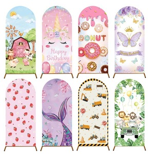 Housse de toile de fond arquée, tissu de fond arqué réutilisable en polyester, décoration de toile de fond photo pour fête d'anniversaire d'enfants sur le thème des dessins animés - Product Image 1