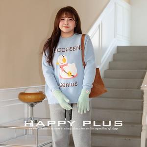 แฮปปี้ฮัทเสื้อสเวตเตอร์ลายการ์ตูนสำหรับผู้หญิงไซส์ใหญ่ คอกลม ถักหลวม แขนยาว ชั้นในหนา อุ่นสบาย - Product Image 1