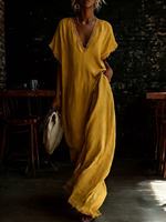 Robe longue en coton et lin, coupe trapèze, col en V, ornée de dentelle, élégante et confortable, style décontracté, très populaire en Europe et en Amérique