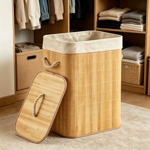 Bamboo woven laundry <b>basket</b>, <b>foldable</b> fabric storage <b>basket</b> for miscellaneous items and toys, with lid, dustproof, large - Product Image 1