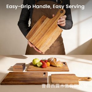 Juego de tablas de cortar rectangulares de madera de acacia con asa para cortar y servir en la cocina - Product Image 4