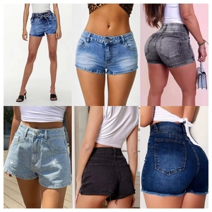 Shorts en jean décontractés pour femme, coupe droite, en coton délavé, bleu, avec poches, prix d'usine - Product Image 1