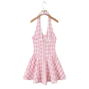 Nuevo Vestido Casual de Verano, Estilo Americano, Sexy, con Estampado a Cuadros, Cuello Halter en V, Cintura Ajustada, Corte en A - Product Image 2