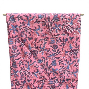 Pink Floral Hand Block Print Cotton Fabric Botanical Indian Handmade Textile for Dress Kurti Shirt Home Decor - Product Image 1