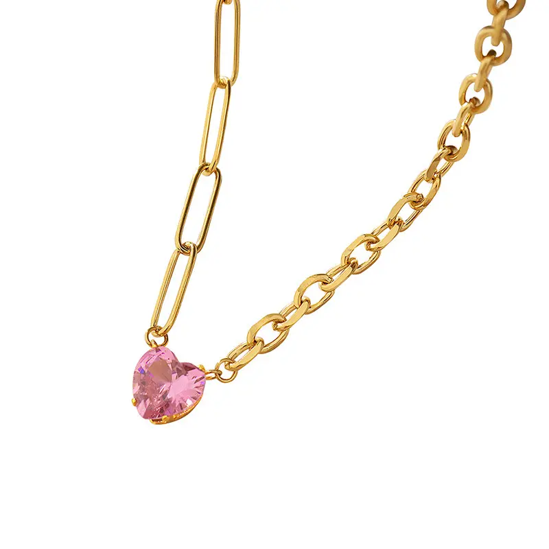 Sweet Girl Stainless Steel Inlaid Zircon Jewelry 18K Gold Necklace Pink With Heart Pendant